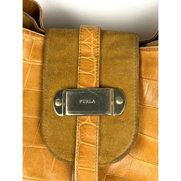 Y2K Vintage Furla Italian Leather Croc Embossed Shoulder Bag Camel Hobo Purse - Picture 3 of 15